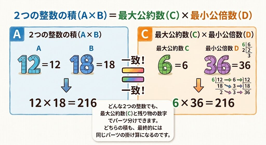 2つの整数の積（A×B）＝最大公約数（C）と最小公倍数（D）の積（C×D）